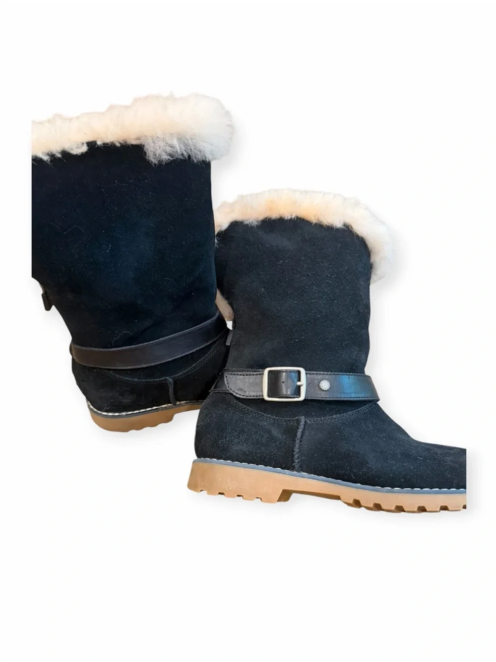 NWOT, UGG, Kids Black Suede Boots with Shearling Trim, Size 4